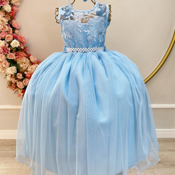 Vestido Infantil Longo Azul Claro C/ Renda e Pérolas Damas