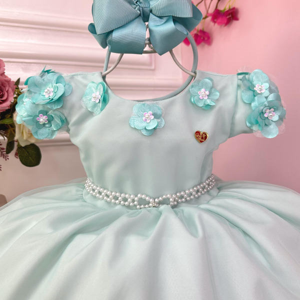 Vestido Infantil Verde Claro Com Apliques de Flores Daminha