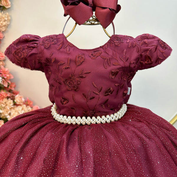 Vestido Infantil Marsala C/ Renda Daminhas de Honra Longo