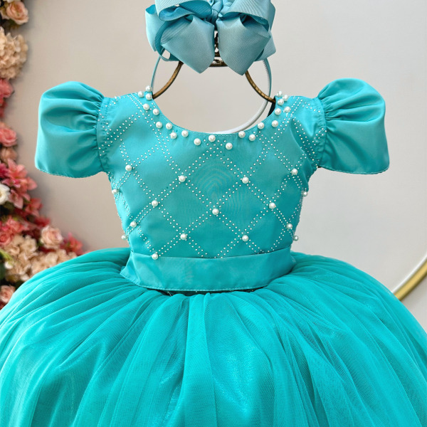 Vestido Infantil Longo Verde Com Strass e Pérolas Daminhas