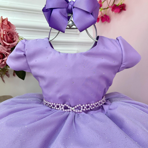 Vestido Infantil Lilás Busto C/ Strass e Saia com Glitter