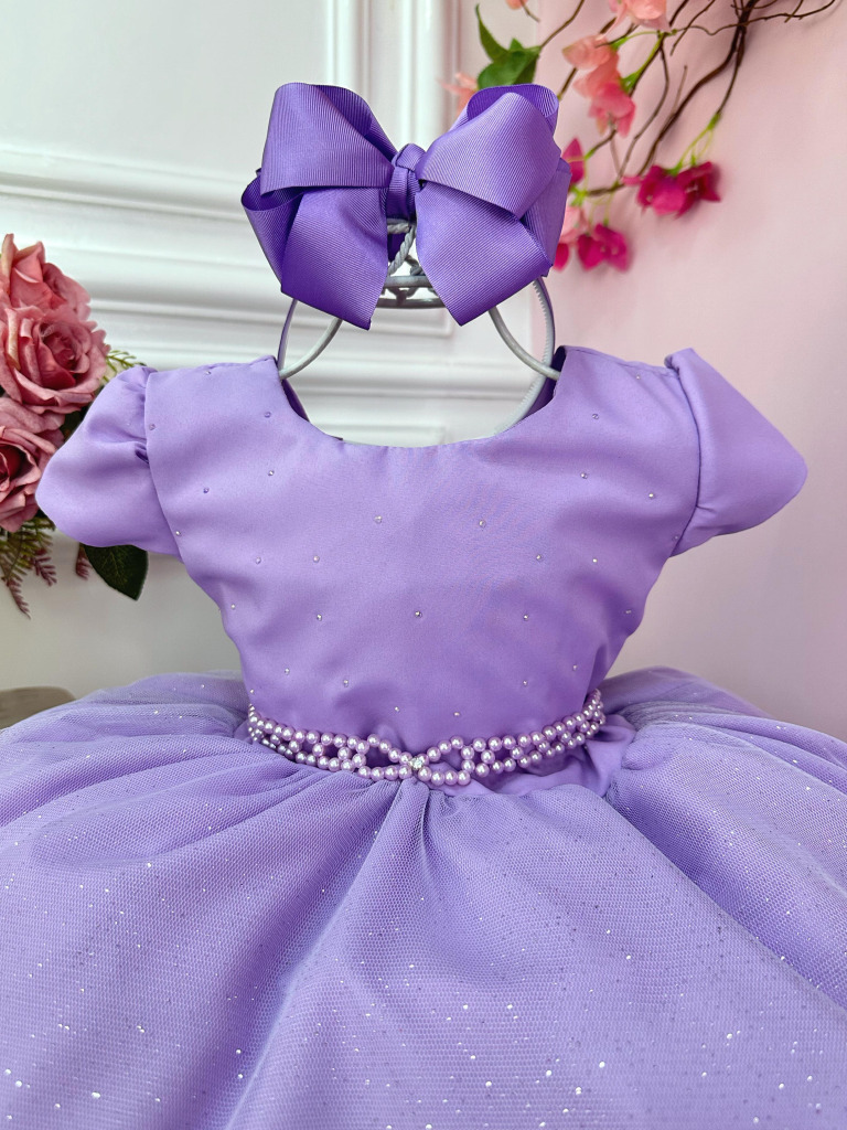 Vestido Infantil Lilás Busto C/ Strass e Saia com Glitter