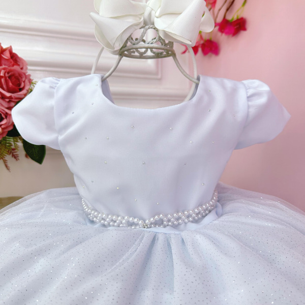 Vestido Infantil Branco Busto C/ Strass e Saia com Glitter