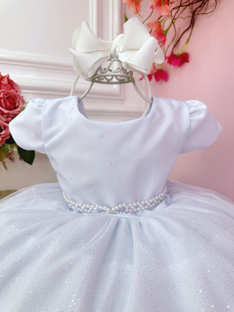 Vestido Infantil Branco Busto C/ Strass e Saia com Glitter