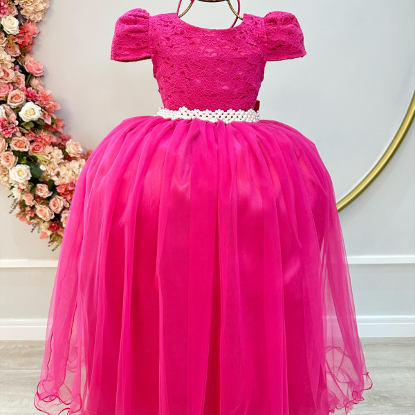 Vestido Infantil Longo Pink Tule Com Renda Casamentos