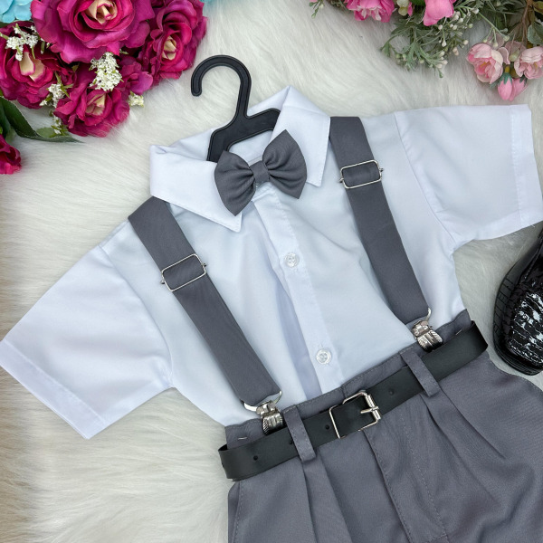 Conjunto Miss Cherry Meninos Social Shorts Ravi Cinza Grafite