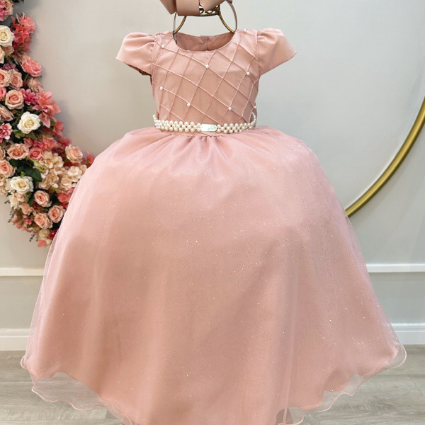 Vestido Infantil Longo Nude Busto Nervura Festas Daminha