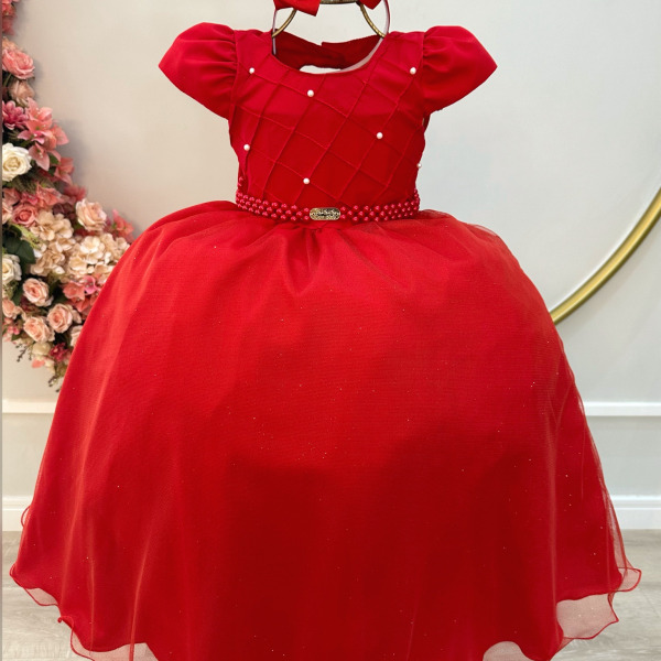 Vestido Infantil Longo Vermelho Busto Nervura Festas Daminha