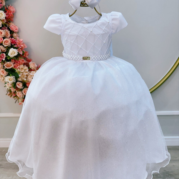 Vestido Infantil Longo Branco Busto Nervura Festas Daminhas