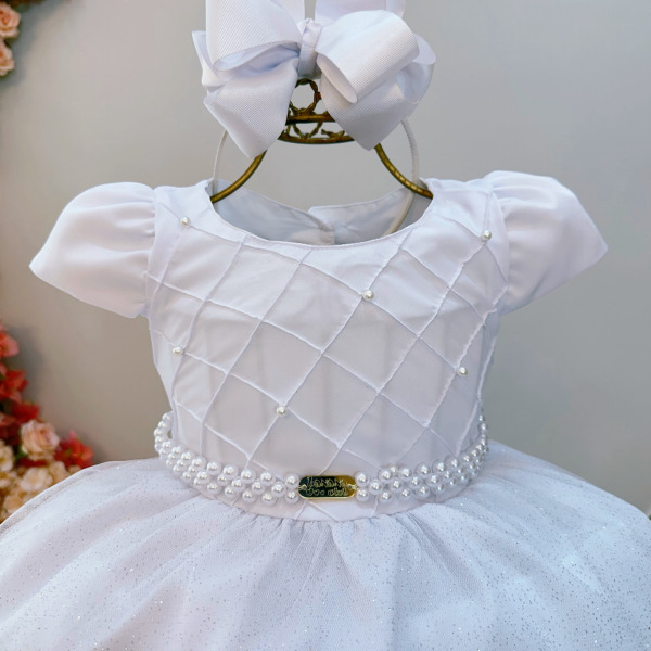 Vestido Infantil Longo Branco Busto Nervura Daminhas Festas
