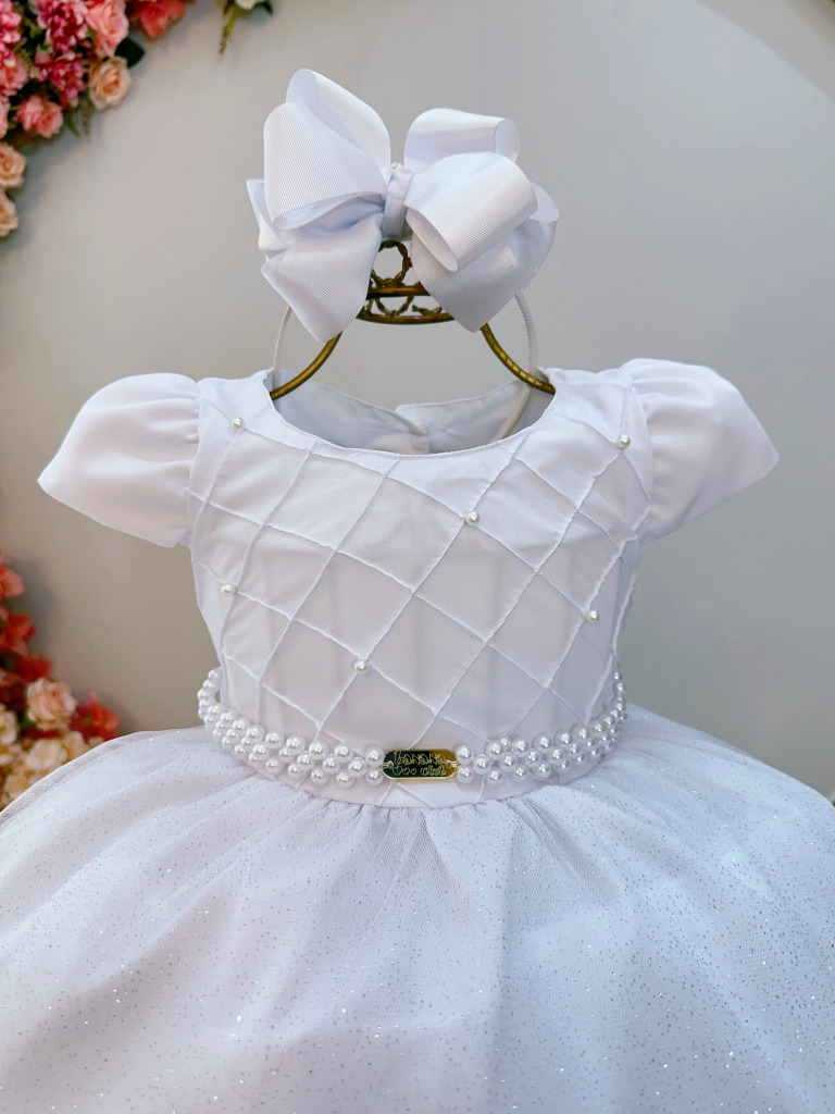 Vestido Infantil Longo Branco Busto Nervura Daminhas Festas