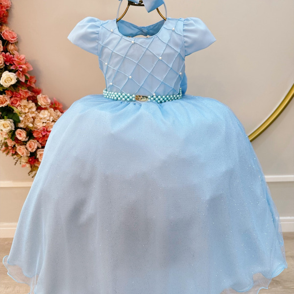 Vestido Infantil Longo Azul Claro Busto Nervura Festa Daminha