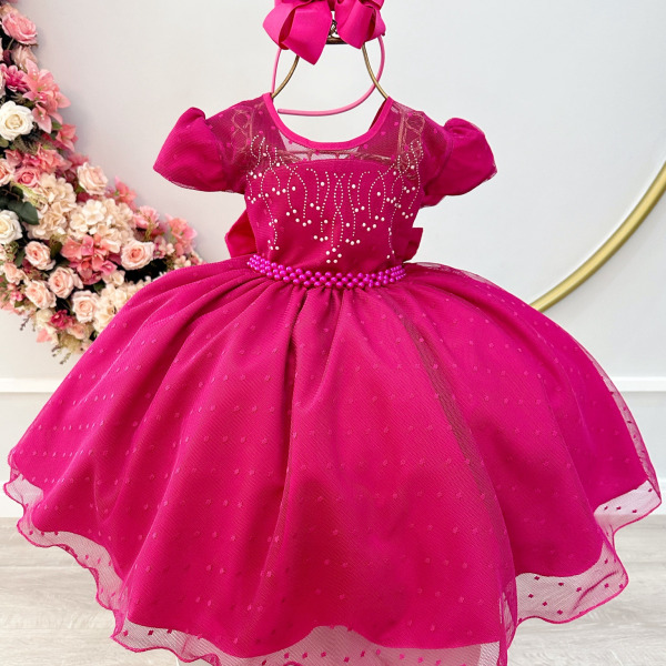Vestido Infantil Pink C/ Tule Pipoquinha Luxo Daminhas