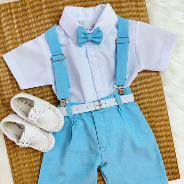 Conjunto Infantil Camisa Branca C/ Short Susp. e Gravata Azul