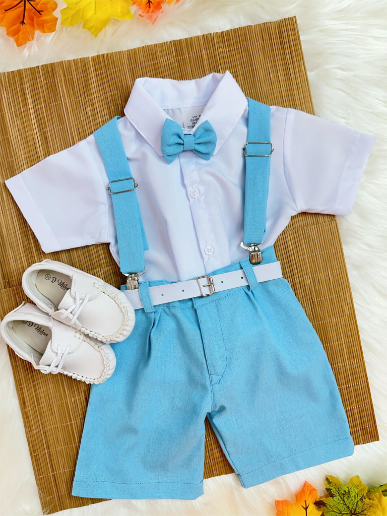 Conjunto Infantil Camisa Branca C/ Short Susp. e Gravata Azul
