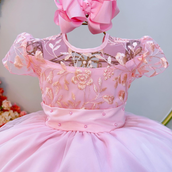 Vestido Infantil Rosa Claro Busto C/ Renda Luxo Damas Longo