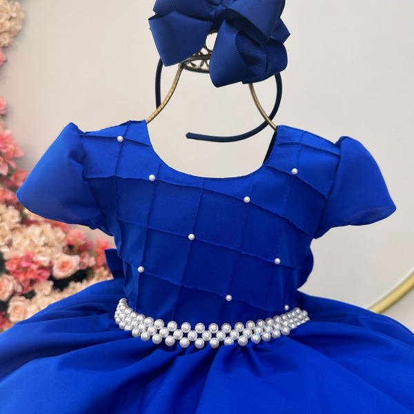 Vestido Infantil Azul Royal Com Busto Nervura Pérolas Daminha