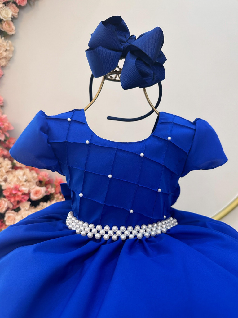 Vestido Infantil Azul Royal Com Busto Nervura Pérolas Daminha
