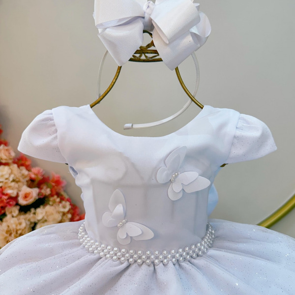 Vestido Infantil Branco C/ Apliques Borboletas Glitter