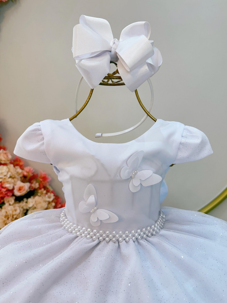 Vestido Infantil Branco C/ Apliques Borboletas Glitter