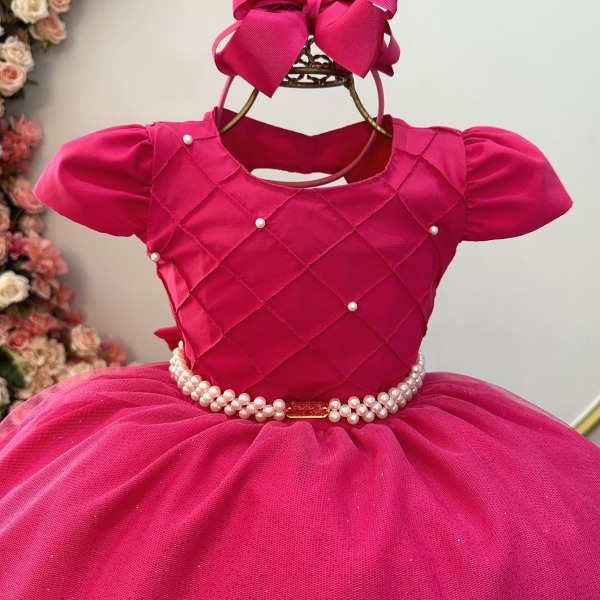 Vestido Infantil Longo Pink Busto Nervura Festas Daminhas