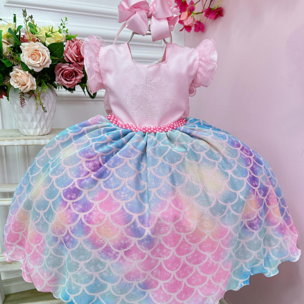 Vestido Infantil Rosa Colorido Escamas Sereia Luxo Festas
