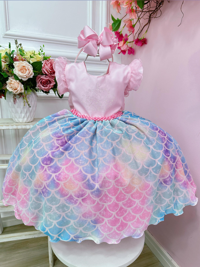 Vestido Infantil Rosa Colorido Escamas Sereia Luxo Festas