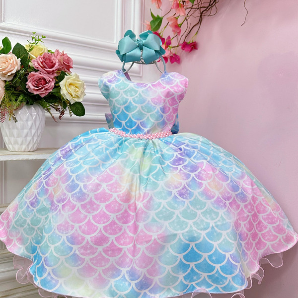 Vestido Infantil Colorido Escamas Sereia Ariel Luxo Festas