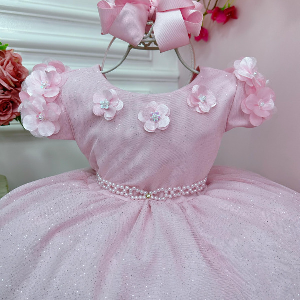 Vestido Infantil Rosa Claro Com Apliques de Flores Daminha