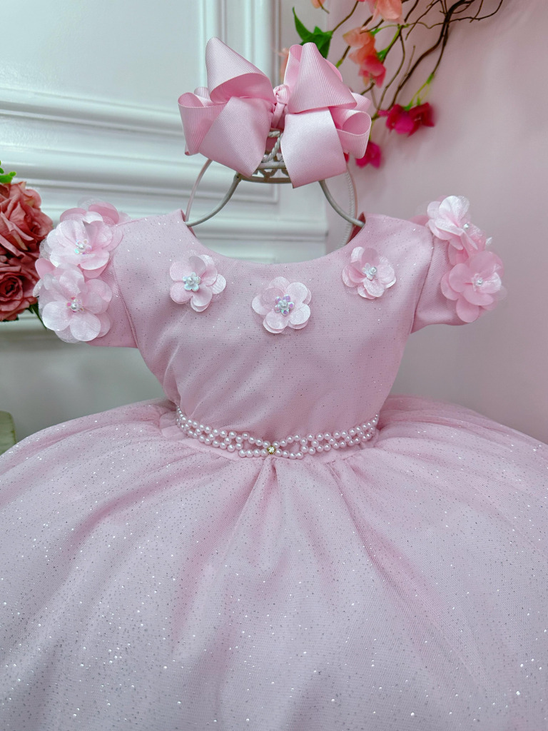 Vestido Infantil Rosa Claro Com Apliques de Flores Daminha