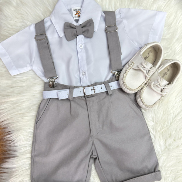 Conjunto Social Camisa Branca e Short Susp. Gravata Cinza