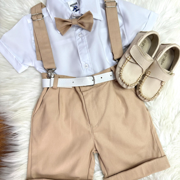 Conjunto Social Camisa Branca e Short Susp. Gravata Caqui