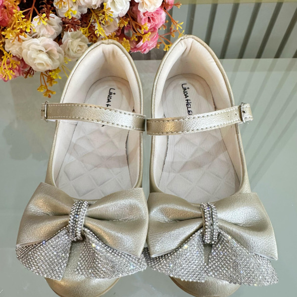 Sapatinho Infantil Dourado Fosco Aplique de Lacinho Com Strass