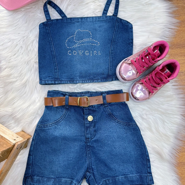 Conjunto Infantil Blusa e Short Jeans Boiadeira Casual