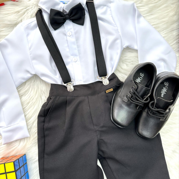 Conjunto Social Pajem Camisa Branco Calça Gravata Susp. Preto