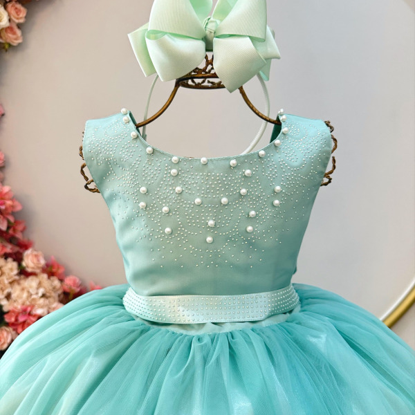 Vestido Infantil Damas de Honra Longo Verde Menta Strass