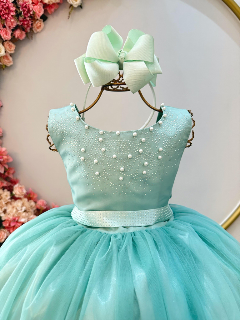 Vestido Infantil Damas de Honra Longo Verde Menta Strass