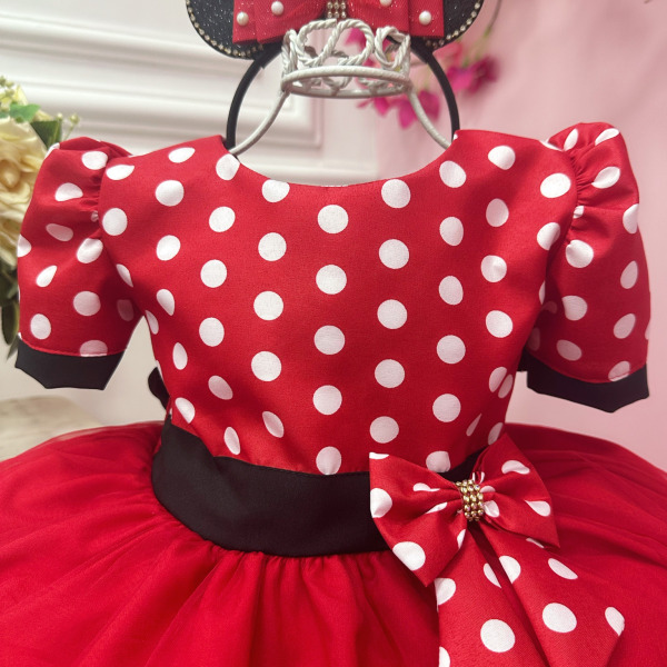 Vestido Infantil Vermelho Bolinhas Minnie Festas Aniversários