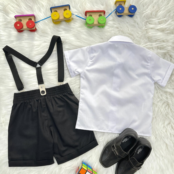 Conjunto Social Pajem Camisa Branca Short e Susp. Preto