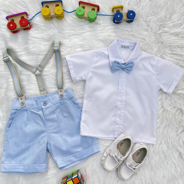 Conjunto Social Pajem Camisa Branca Short e Susp. Azul Claro
