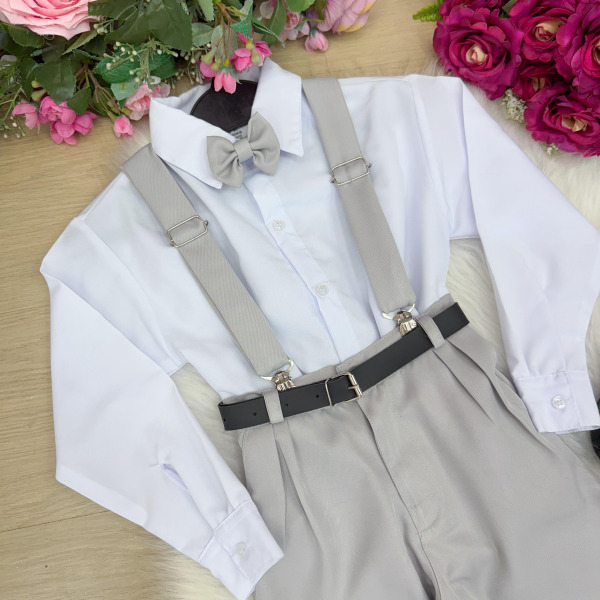 Conjunto Meninos Miss Cherry Leo Suspensorio Cinza Claro