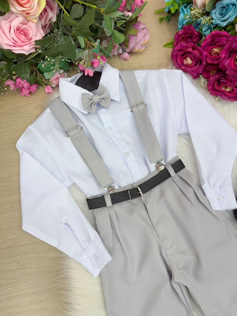 Conjunto Meninos Miss Cherry Leo Suspensorio Cinza Claro