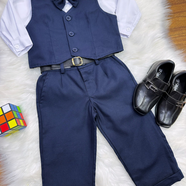 Conjunto Social Pajem Camisa Branca Calça e Colete Azul Escuro