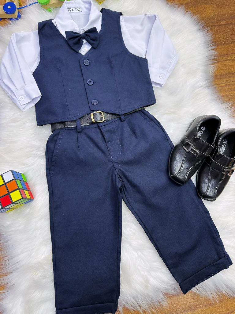Conjunto Social Pajem Camisa Branca Calça e Colete Azul Escuro