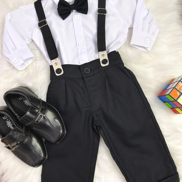Conjunto Social Bebê Calça Susp. Preto e Camisa Branca