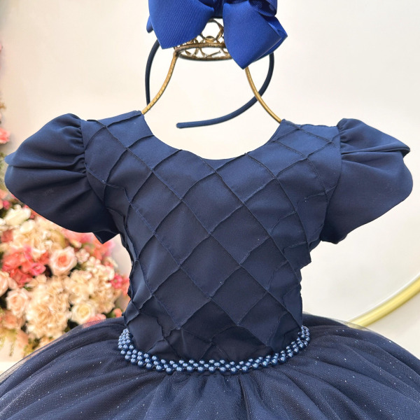 Vestido Infantil Azul Marinho C/ Busto Nervura Festas