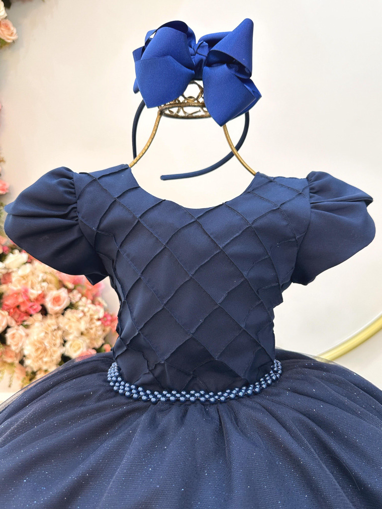 Vestido Infantil Azul Marinho C/ Busto Nervura Festas