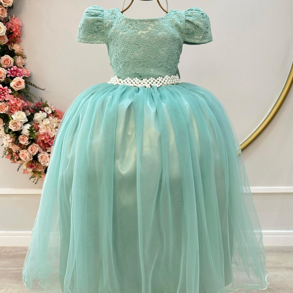 Vestido Infantil Verde Menta Tule Renda Longo Casamento