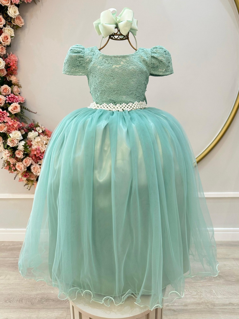 Vestido Infantil Verde Menta Tule Renda Longo Casamento