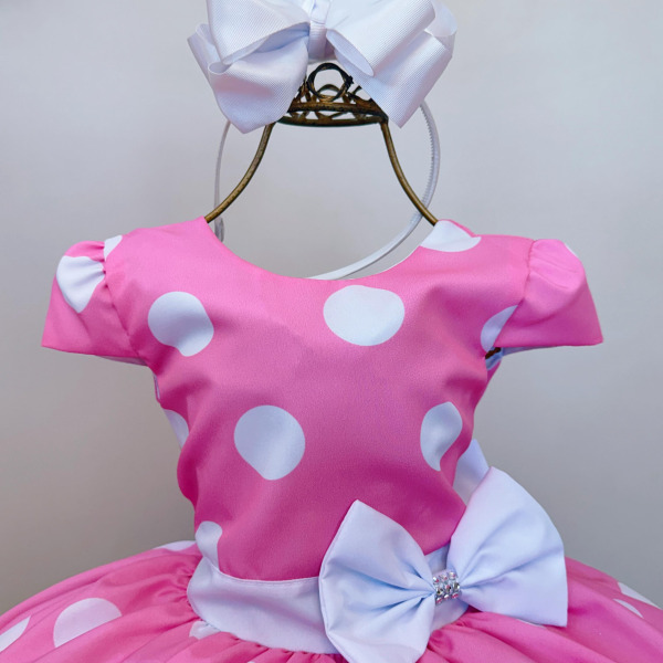 Vestido Infantil Minnie Rosa Com Bolinhas Brancas Festas